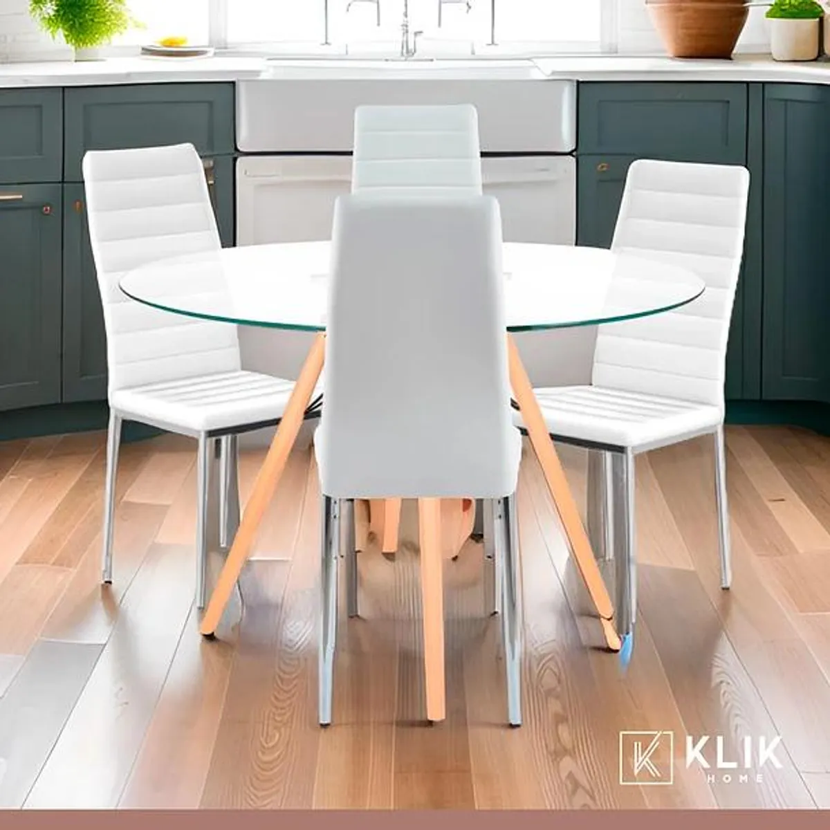 KLIK - Comedor Eames 100cm redonda vidrio + 4 Sillas Dining Liana Acolchadas Blancas