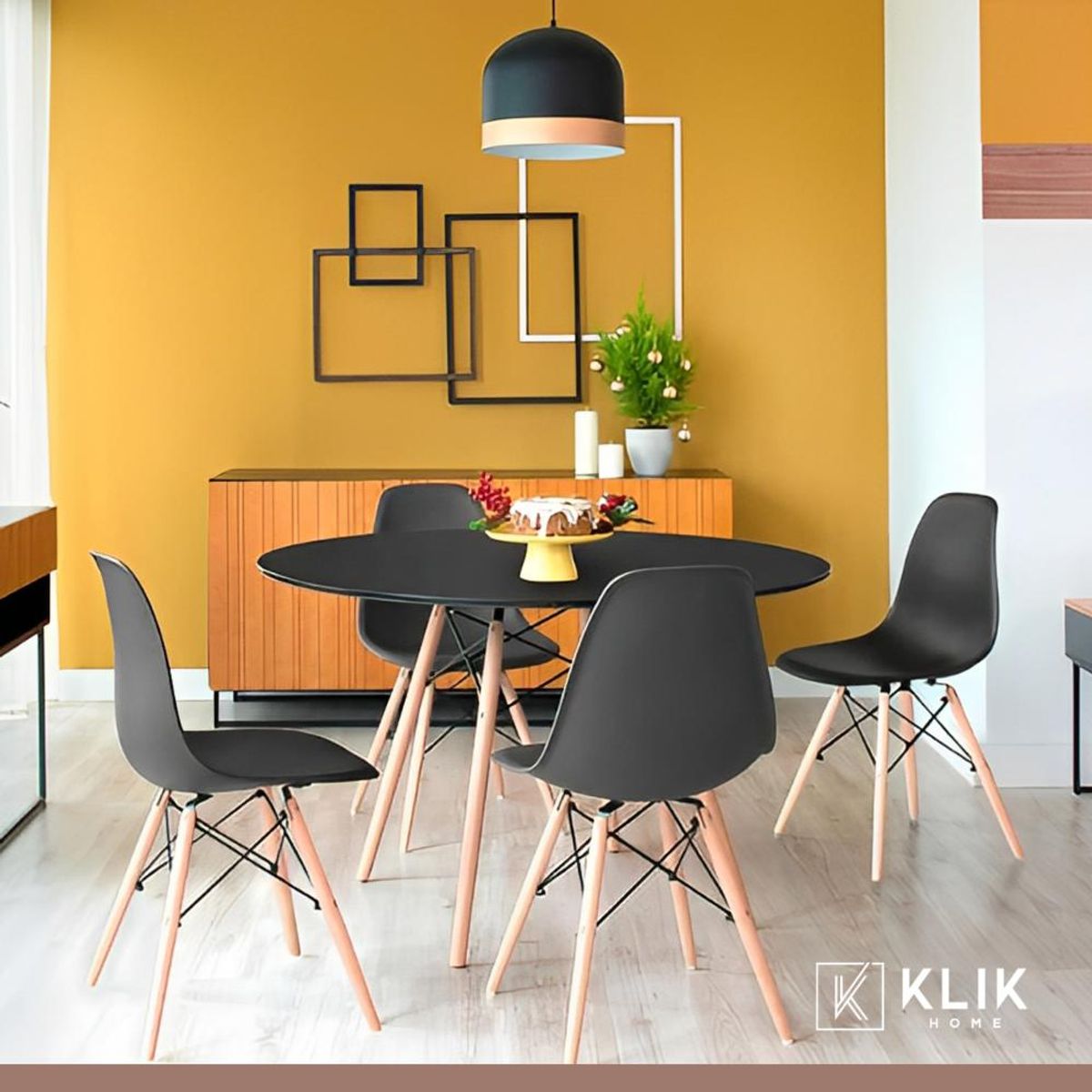 KLIK - Comedor Mesa Eames Redonda Negra 100cm + 4 Sillas Eames Negras