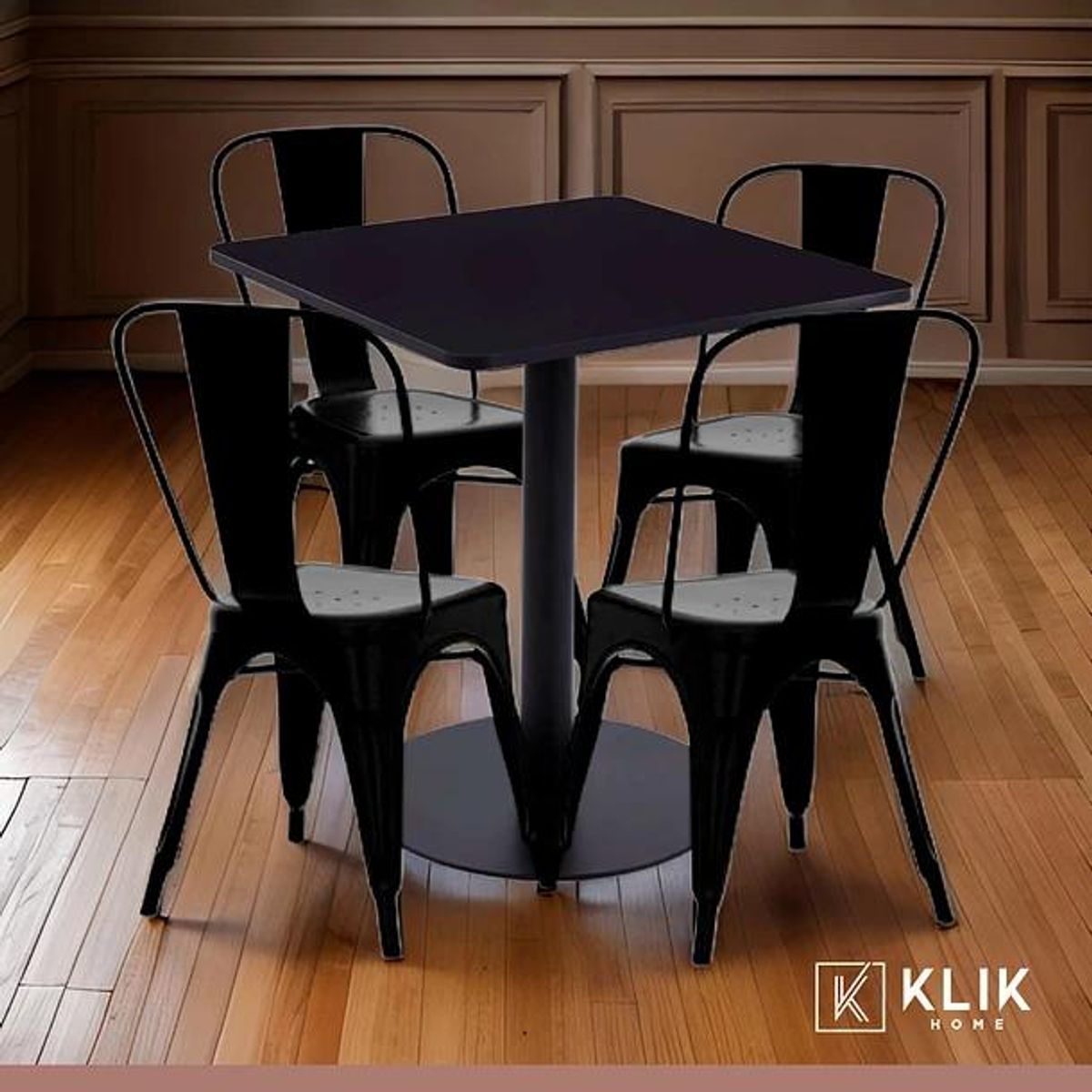 KLIK - Mesa restaurant 70x70 Tubo Metal cubierta MDF + 4 Sillas Tolix - Negra