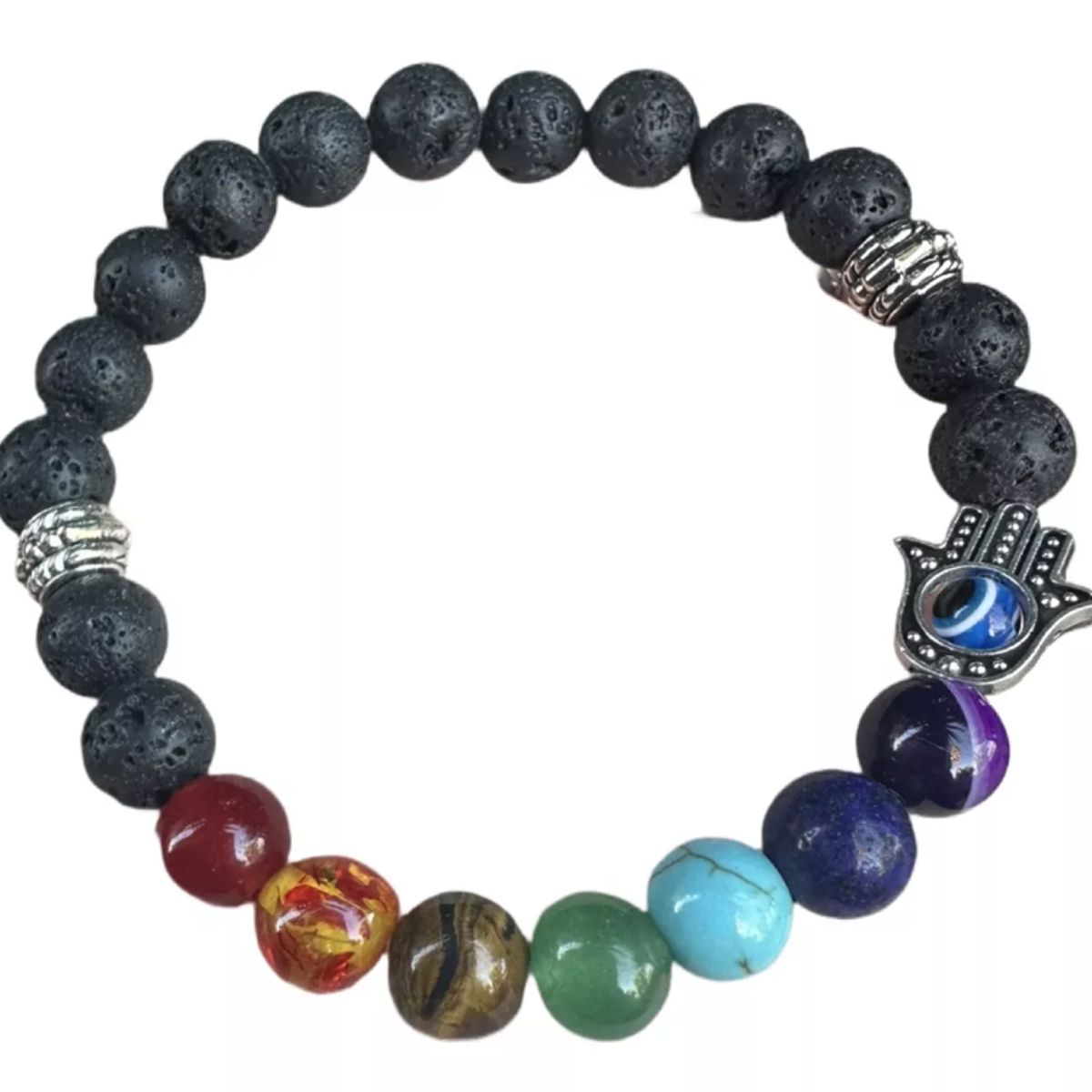GENERICO - Pulsera 7 Chakras Mano De Fátima Piedras Naturales Volcánica