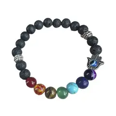 GENERICO - Pulsera 7 Chakras Mano De Fátima Piedras Naturales Volcánica