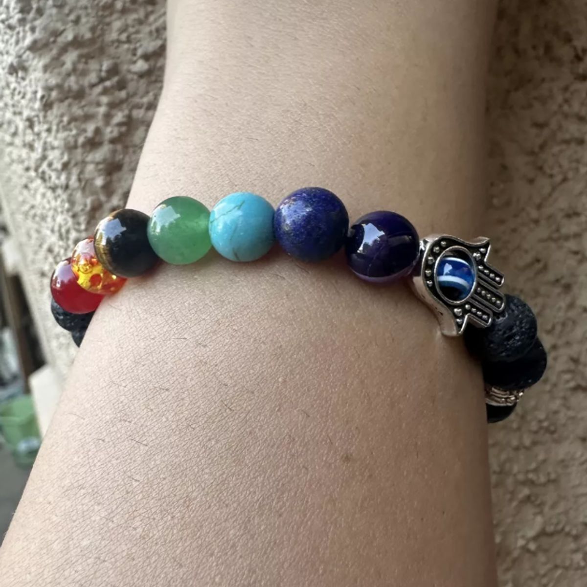 GENERICO - Pulsera 7 Chakras Mano De Fátima Piedras Naturales Volcánica