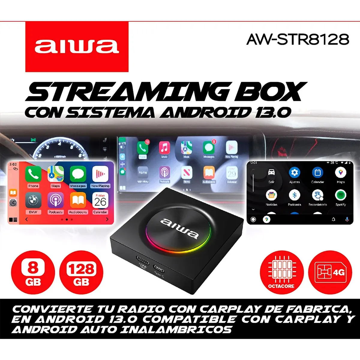 AIWA - Android Auto Y Carplay Inalambrico Aiwa Box Wifi Aw-str8128