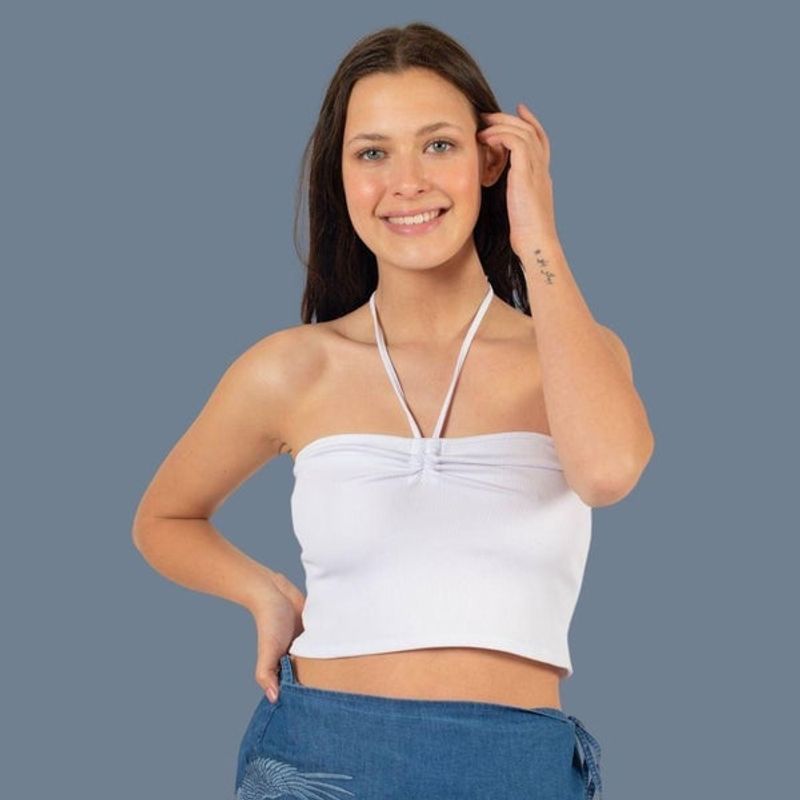 ME QUIERE MUCHO POQUITO NADA - Crop Top Blanco Strapless con Tiras Ajustables - MQM