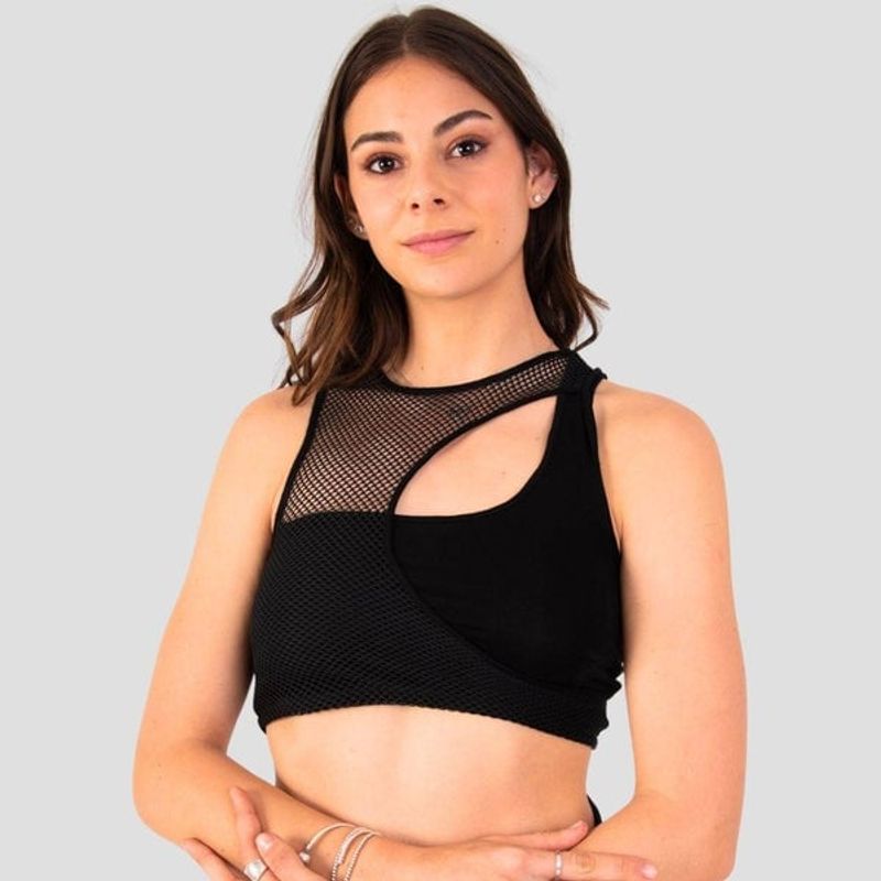 ME QUIERE MUCHO POQUITO NADA - Crop Top Negro con Malla y Diseño Cruzado en Espalda - Enchel - MQM