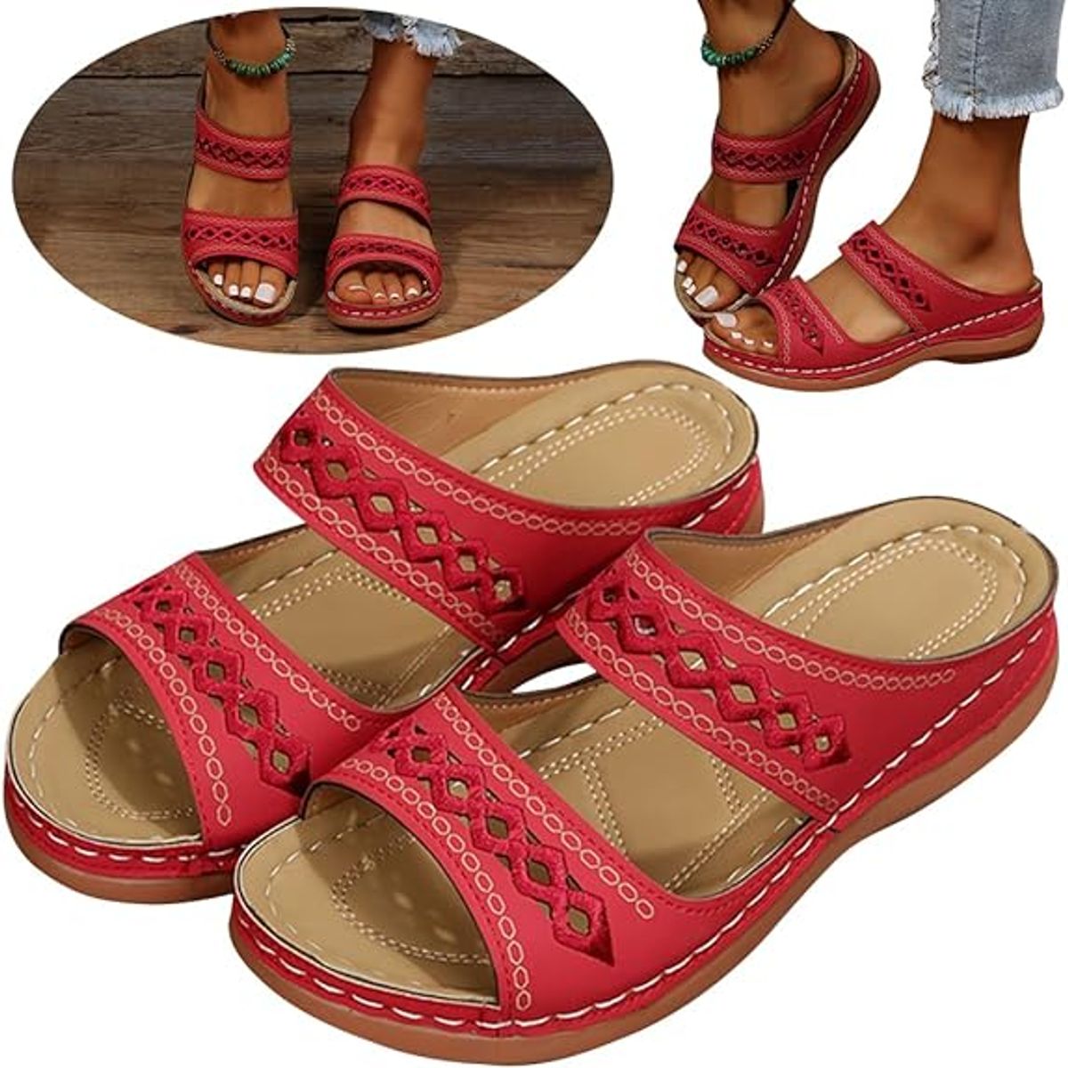 TIOZONEY - Sandalia Mujer -Rojo.