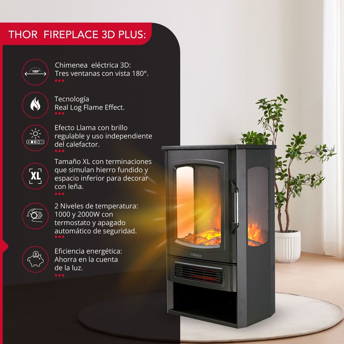 THORBEN - Chimenea eléctrica Thor Fireplace 3D Plus