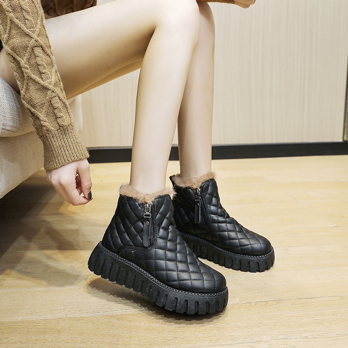 TIOZONEY - Botas de nieve cortas de felpa para mujer