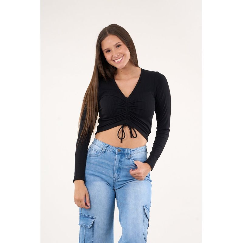 POLEMIC - Polera manga larga Rib con centro recogido Negro VW1772 Polemic