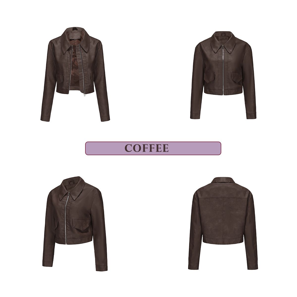 TIOZONEY - Chaqueta de piel con cremallera para mujer-Café