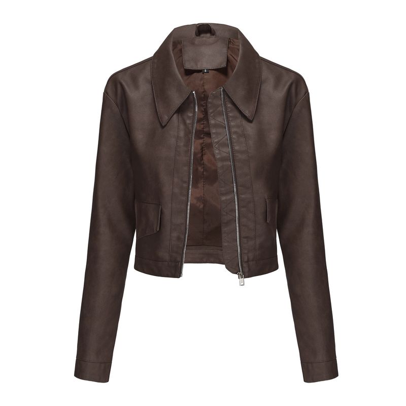 TIOZONEY - Chaqueta de piel con cremallera para mujer-Café