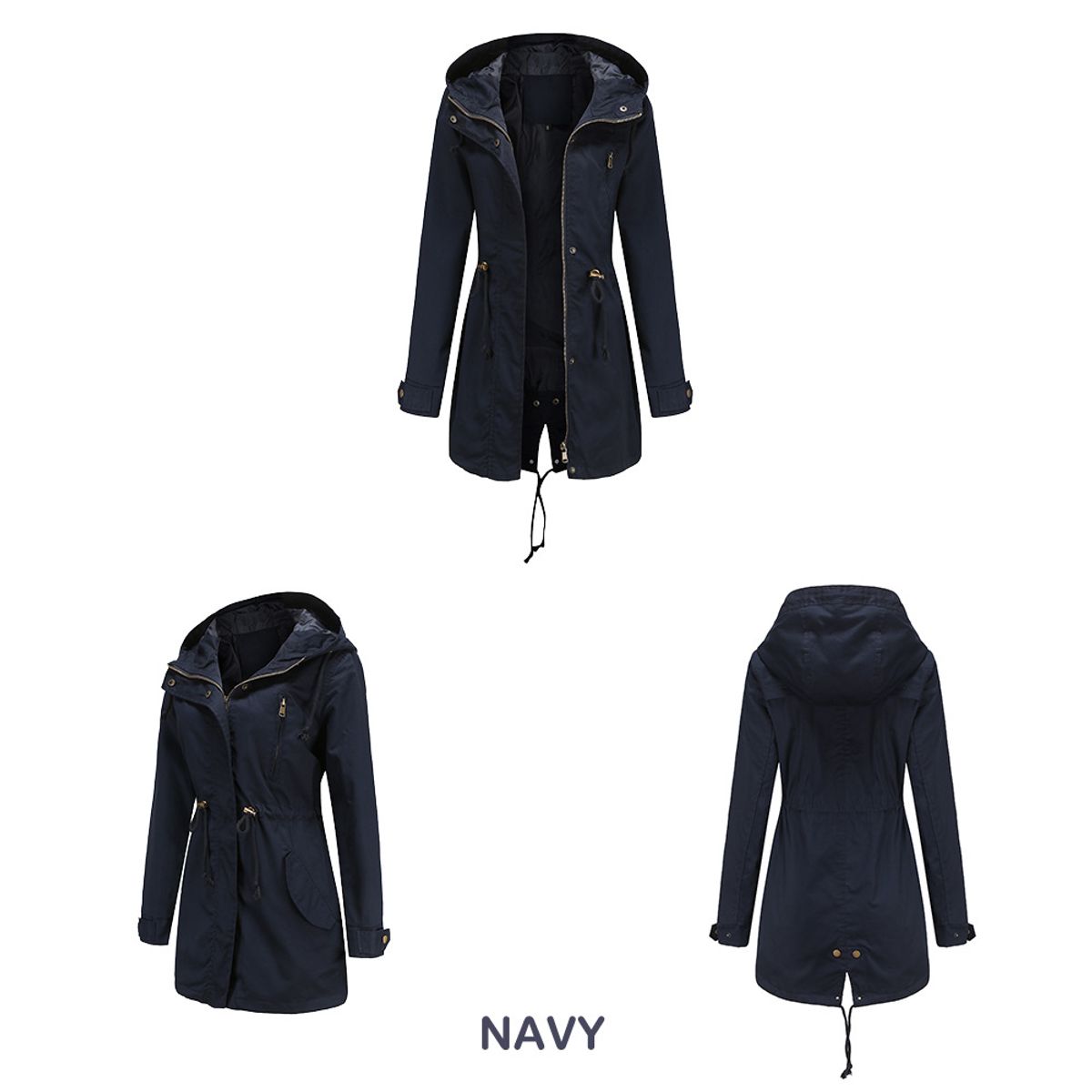 TIOZONEY - Cortavientos largo con gorro para mujer - Azul Marino