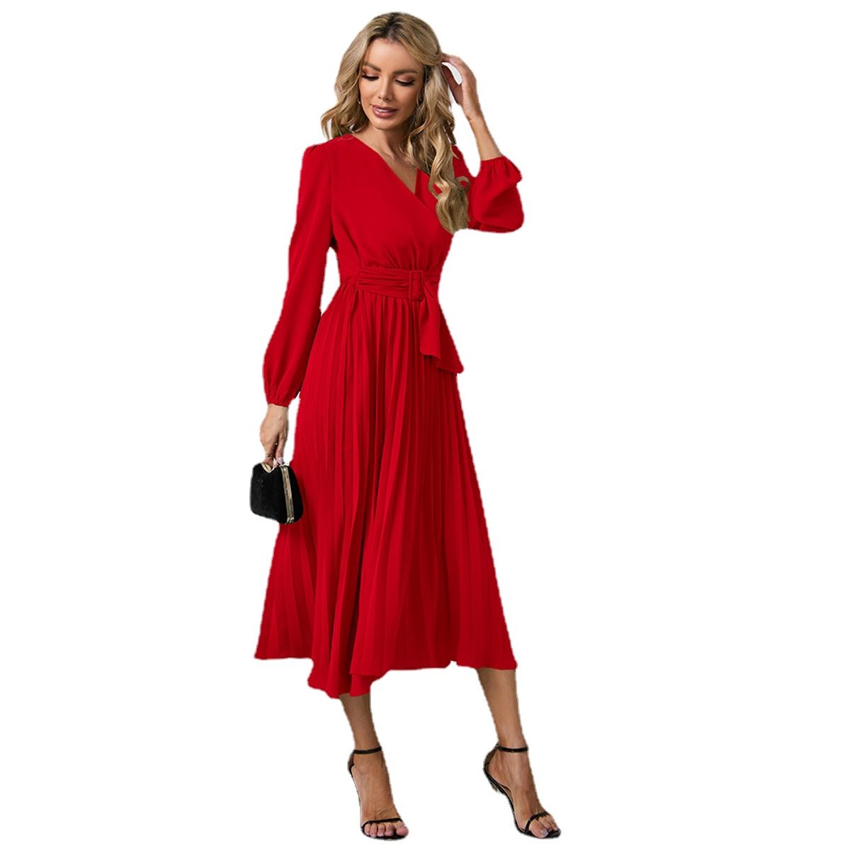 TIOZONEY - Vestido Largo manga larga Mujer - Rojo
