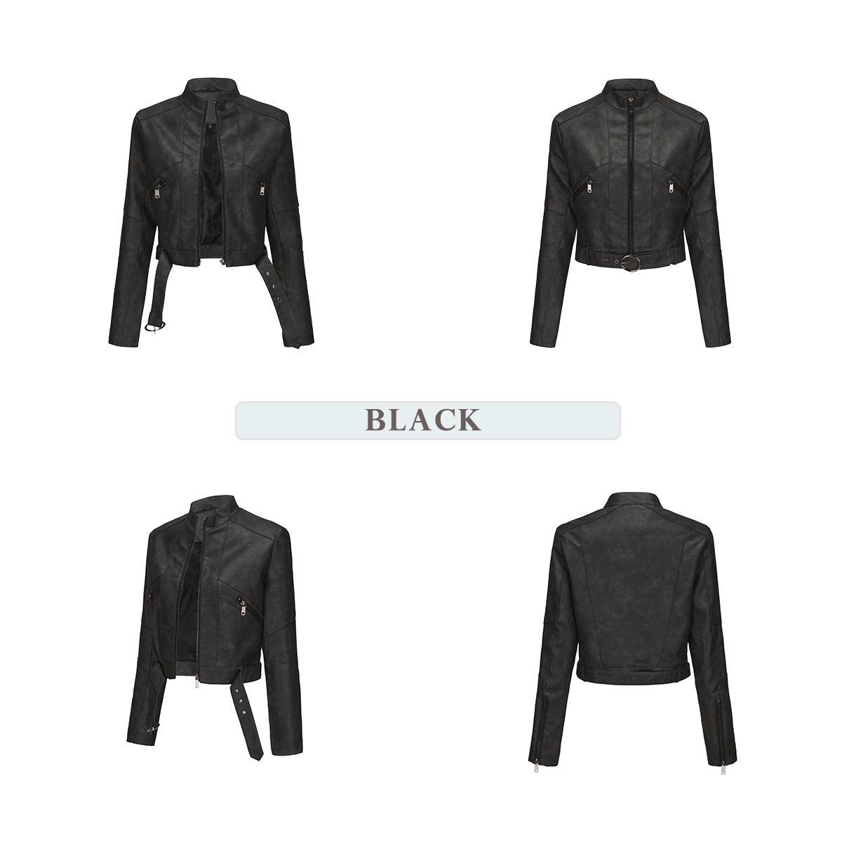 TIOZONEY - Chaqueta de piel con cremallera para mujer-Negro