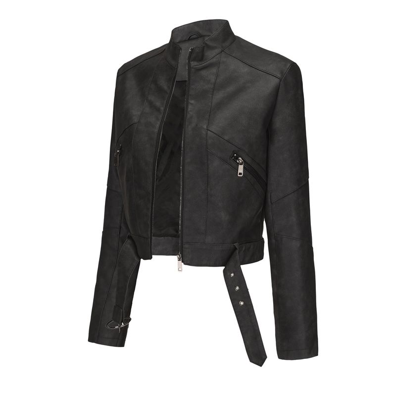 TIOZONEY - Chaqueta de piel con cremallera para mujer-Negro