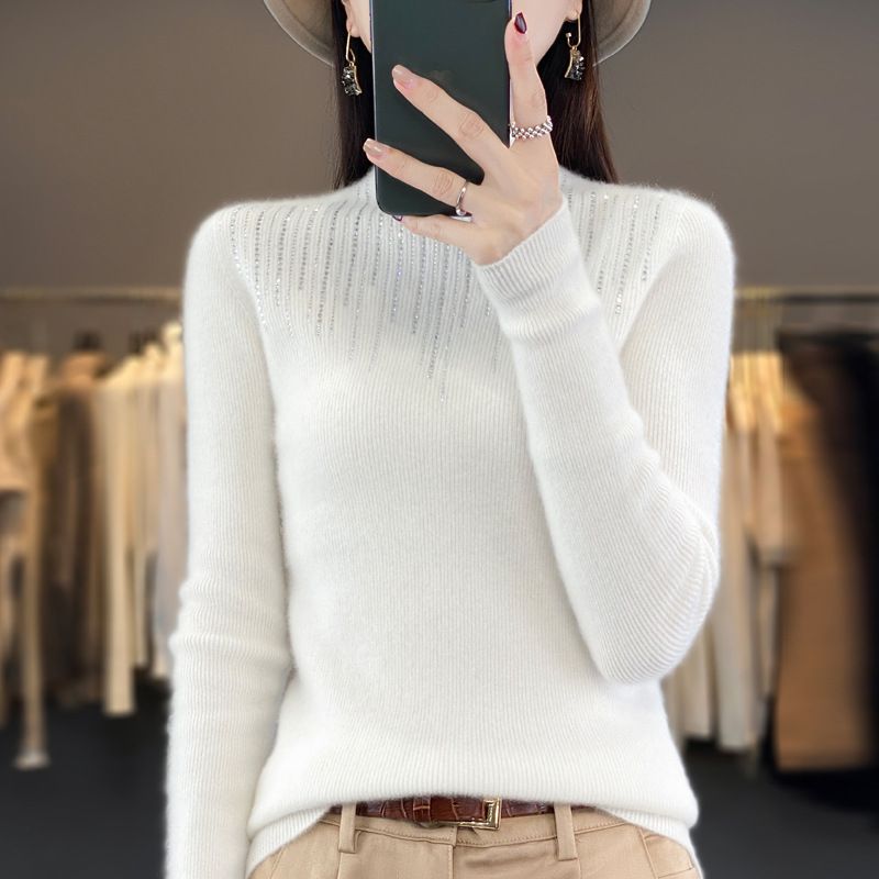 TIOZONEY - Suéter de cuello medio alto para mujeres - Blanco
