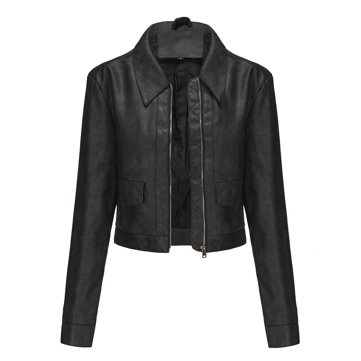 TIOZONEY - Chaqueta de piel con cremallera para mujer-Negro