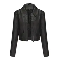 TIOZONEY - Chaqueta de piel con cremallera para mujer-Negro