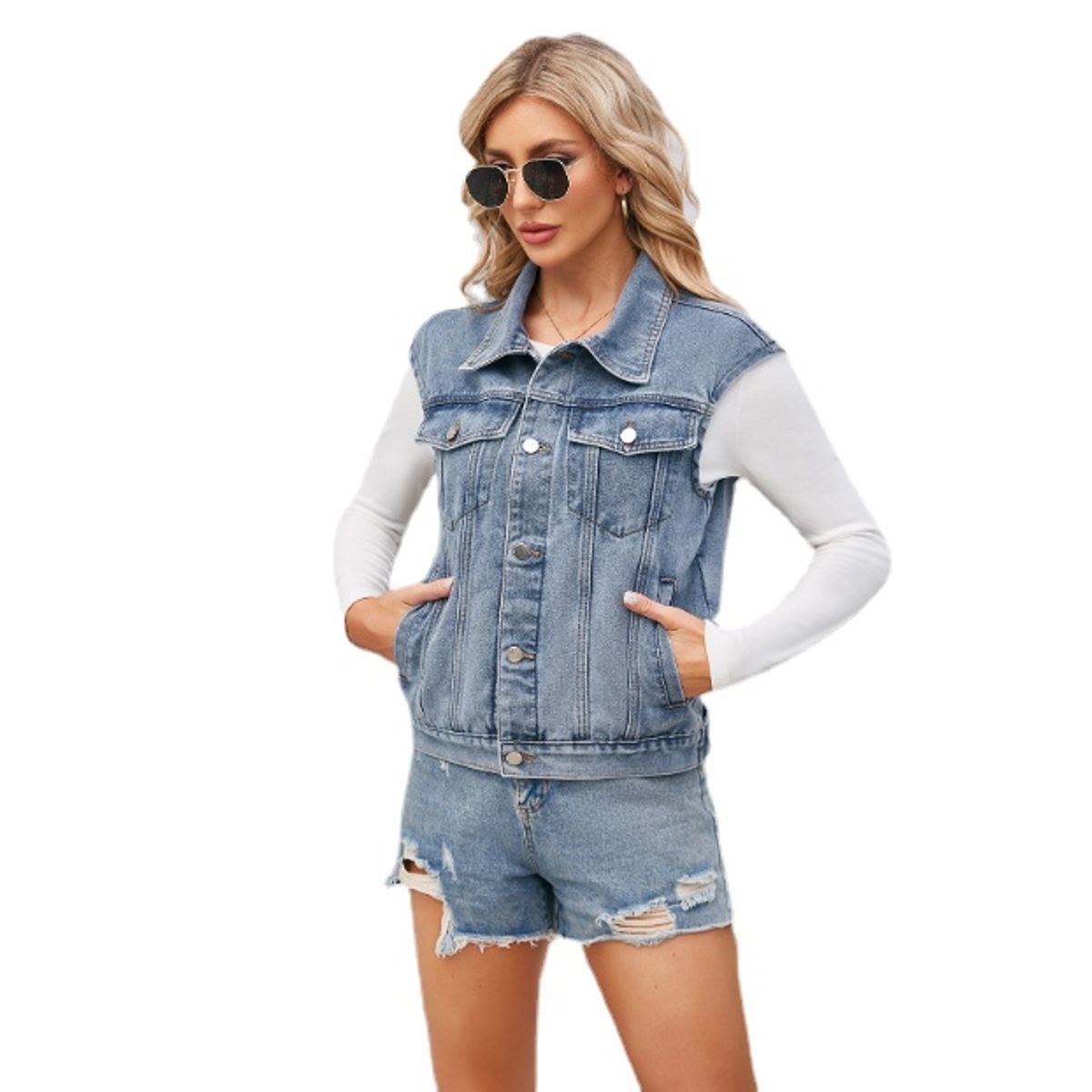 TIOZONEY - Chaqueta mezclilla sin mangas Mujer