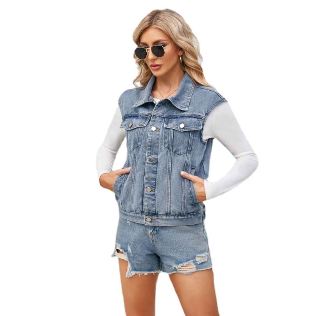 TIOZONEY - Chaqueta mezclilla sin mangas Mujer