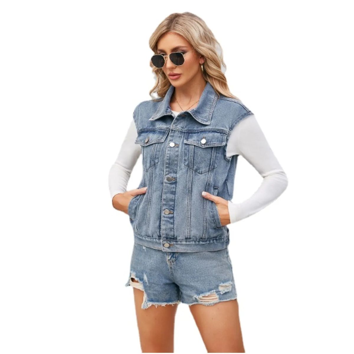 TIOZONEY - Chaqueta mezclilla sin mangas Mujer
