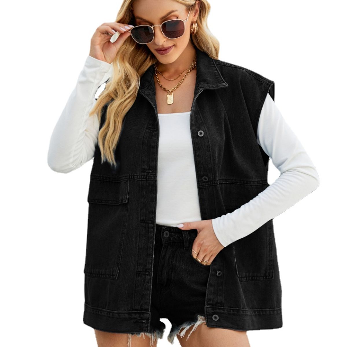 TIOZONEY - Chaqueta Jeans sin mangas Mujer - Negro