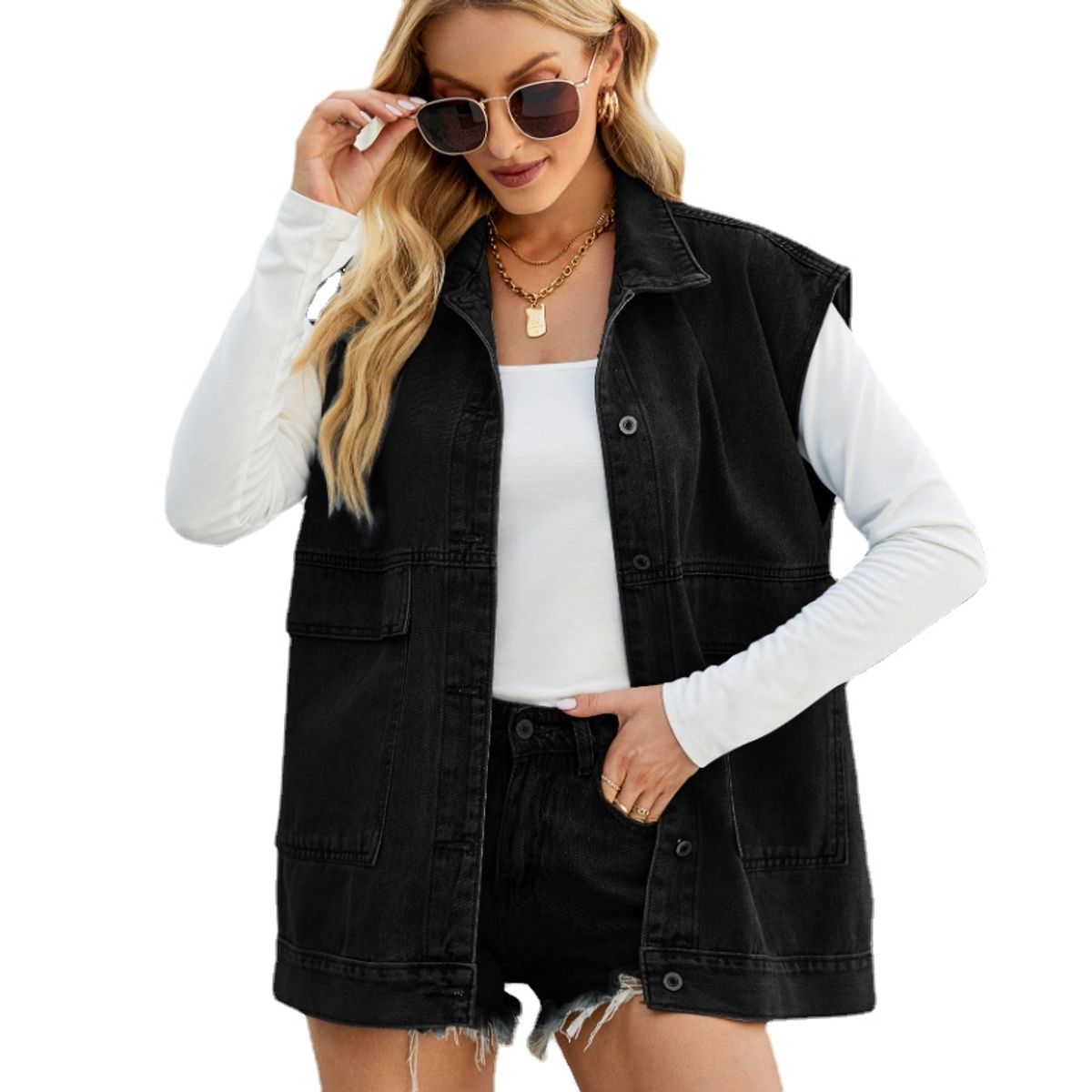 TIOZONEY - Chaqueta Jeans sin mangas Mujer - Negro