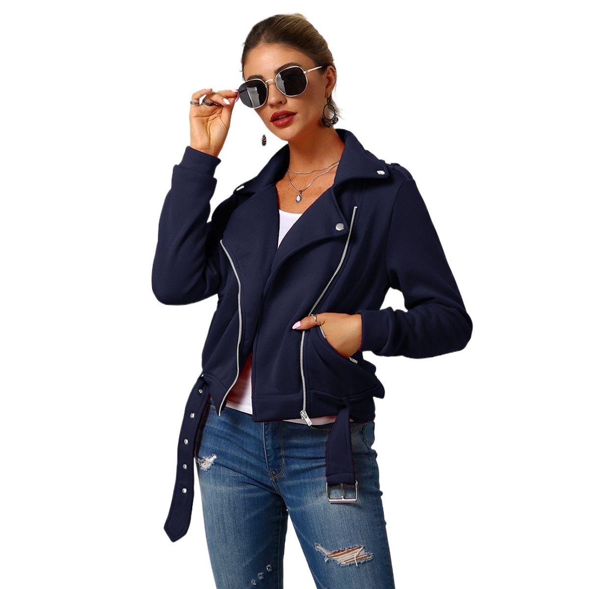 TIOZONEY - Chaqueta corta con solapa de mujer - Azul