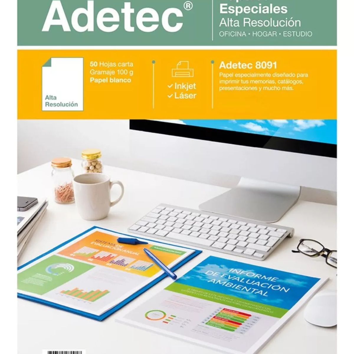 ADETEC - Papel Alta Resolución Inkjet/laser Carta 100 g X 50 Hojas