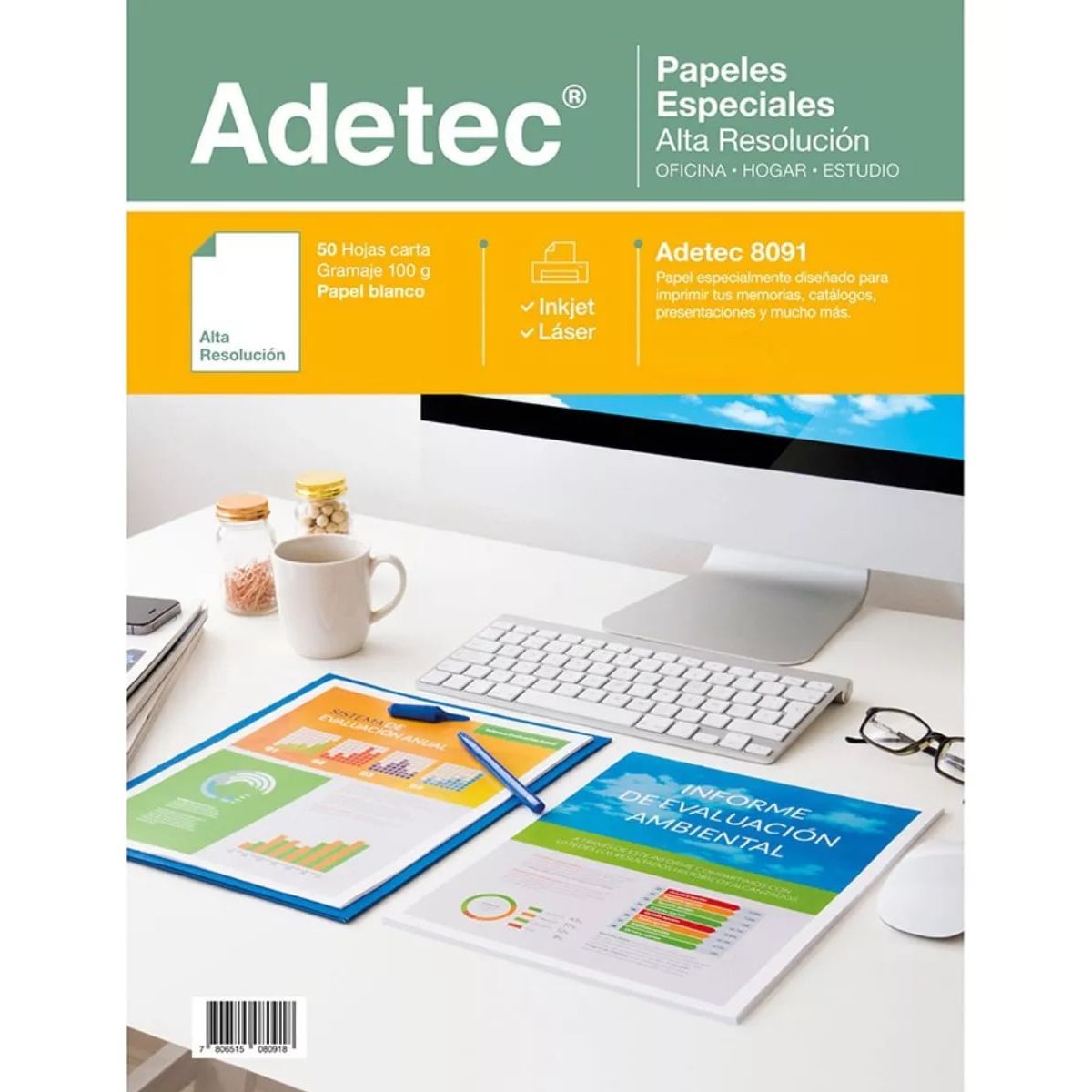 ADETEC - Papel Alta Resolución Inkjet/laser Carta 100 g X 50 Hojas