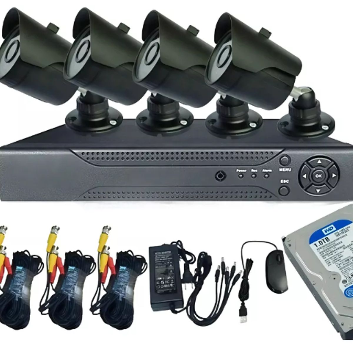 ARTIHOGAR - Kit Cctv 4 Cámaras Negras Seguridad + Disco Duro 1 Tera Instalado en DVR HD 720P
