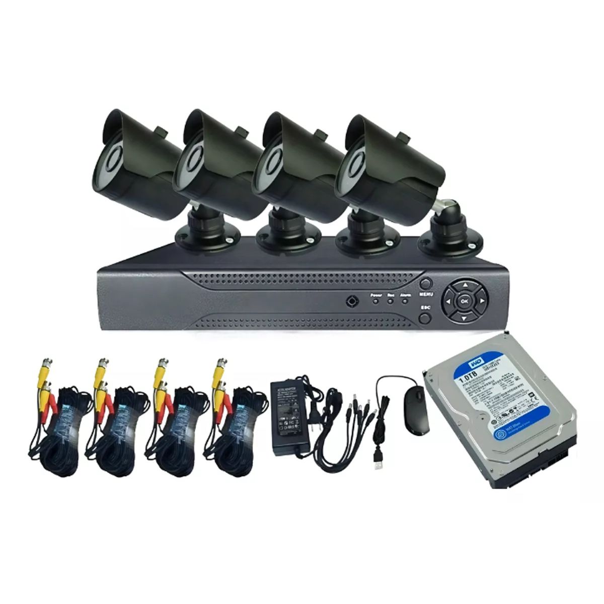 ARTIHOGAR - Kit Cctv 4 Cámaras Negras Seguridad + Disco Duro 1 Tera Instalado en DVR HD 720P