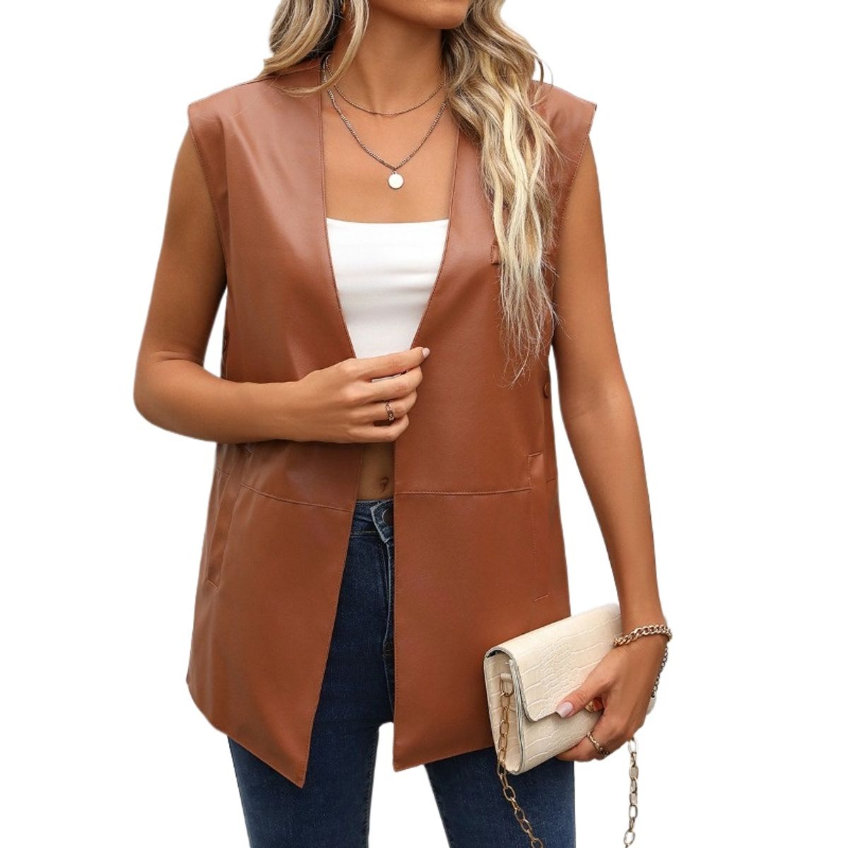 TIOZONEY - Chaleco de mujer sin mangas Chaqueta de cuero