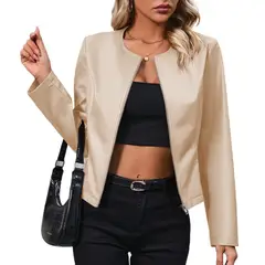 TIOZONEY - Chaqueta de cuero de manga larga y cuello redondo