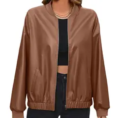 TIOZONEY - Chaqueta de cuero con cremallera para mujer Loose
