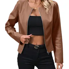 TIOZONEY - Chaqueta de cuero de manga larga y cuello redondo