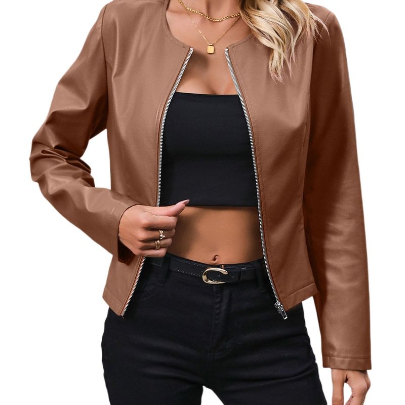 TIOZONEY - Chaqueta de cuero de manga larga y cuello redondo