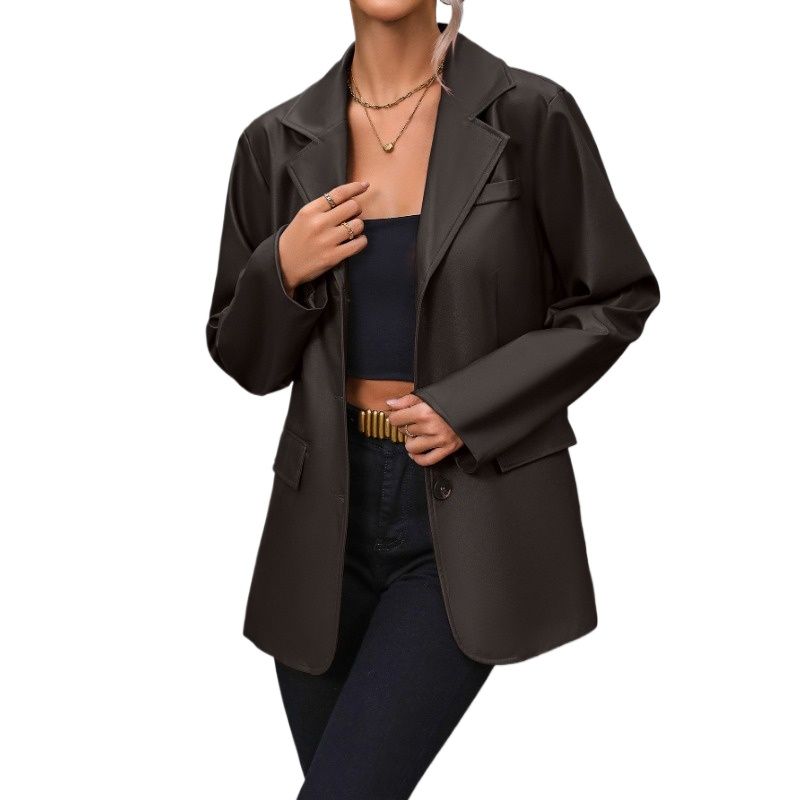 TIOZONEY - Chaqueta de cuero con solapa abotonada