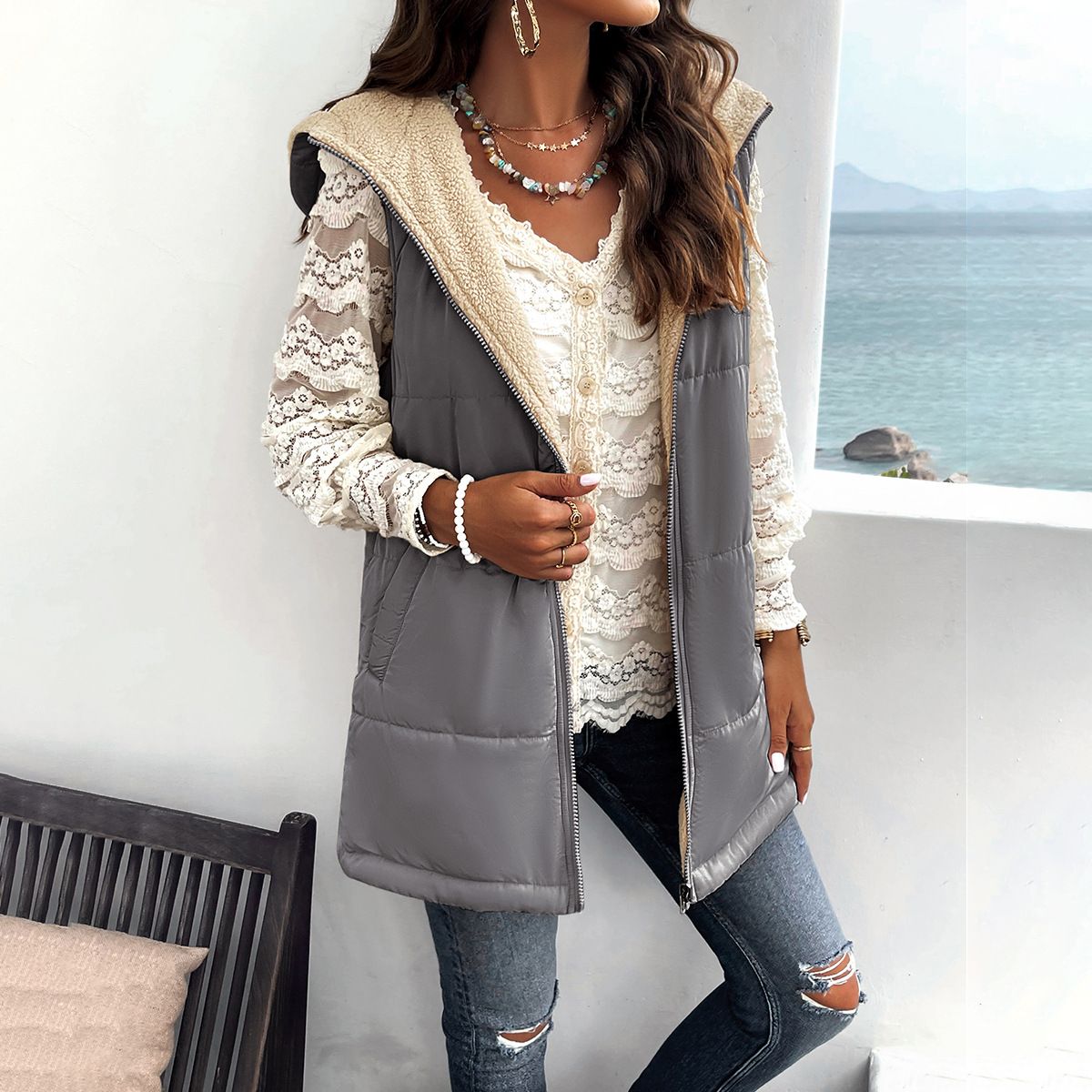 TIOZONEY - Chaqueta Chiporro Mujer sin mangas - Gris