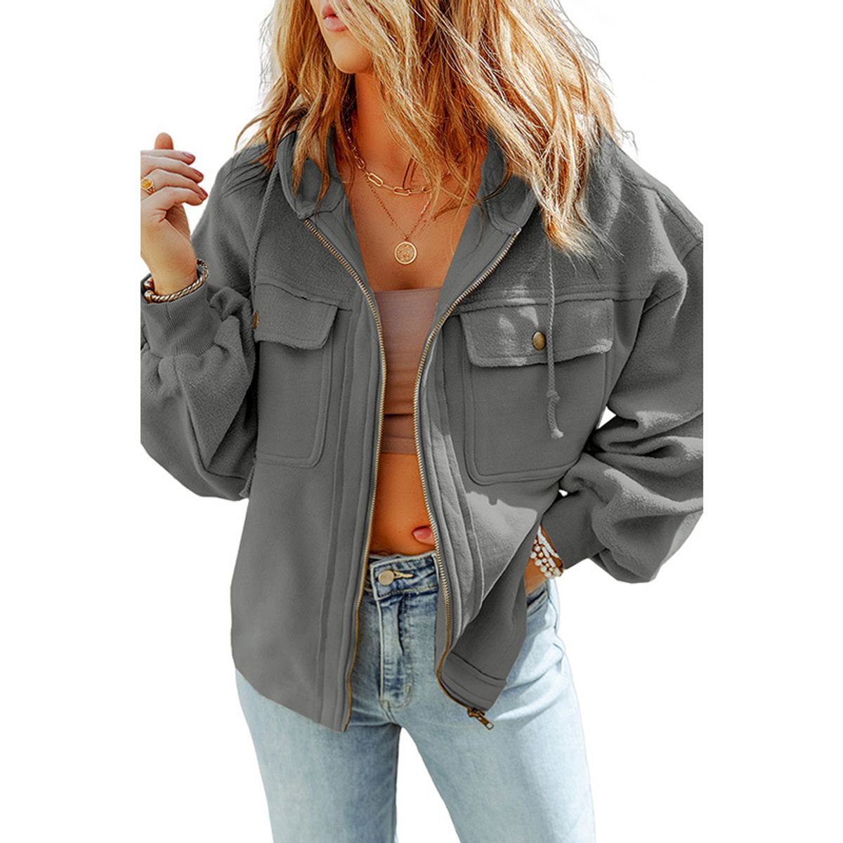 TIOZONEY - Chaqueta con capucha de peluche - Gris