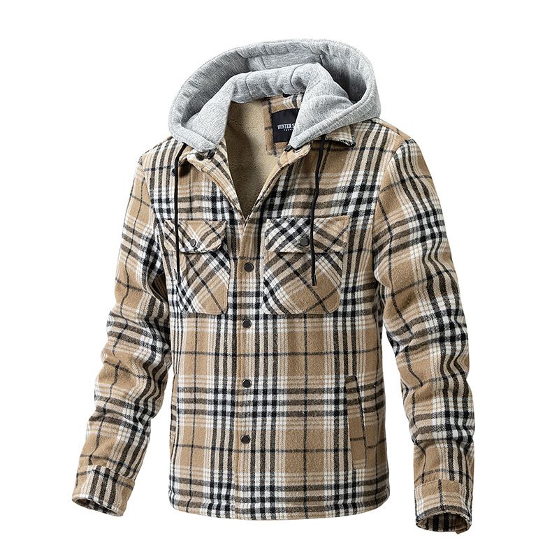 TIOZONEY - Chaqueta a cuadros con gorro para hombre - Café