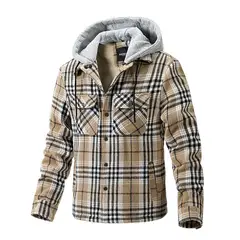 TIOZONEY - Chaqueta a cuadros con gorro para hombre - Café