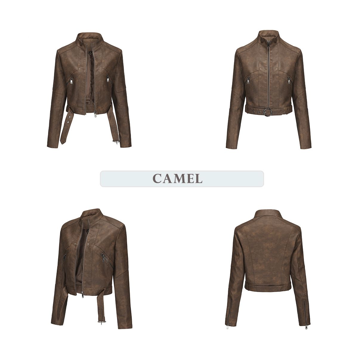 TIOZONEY - Chaqueta de piel con cremallera para mujer-Marrón