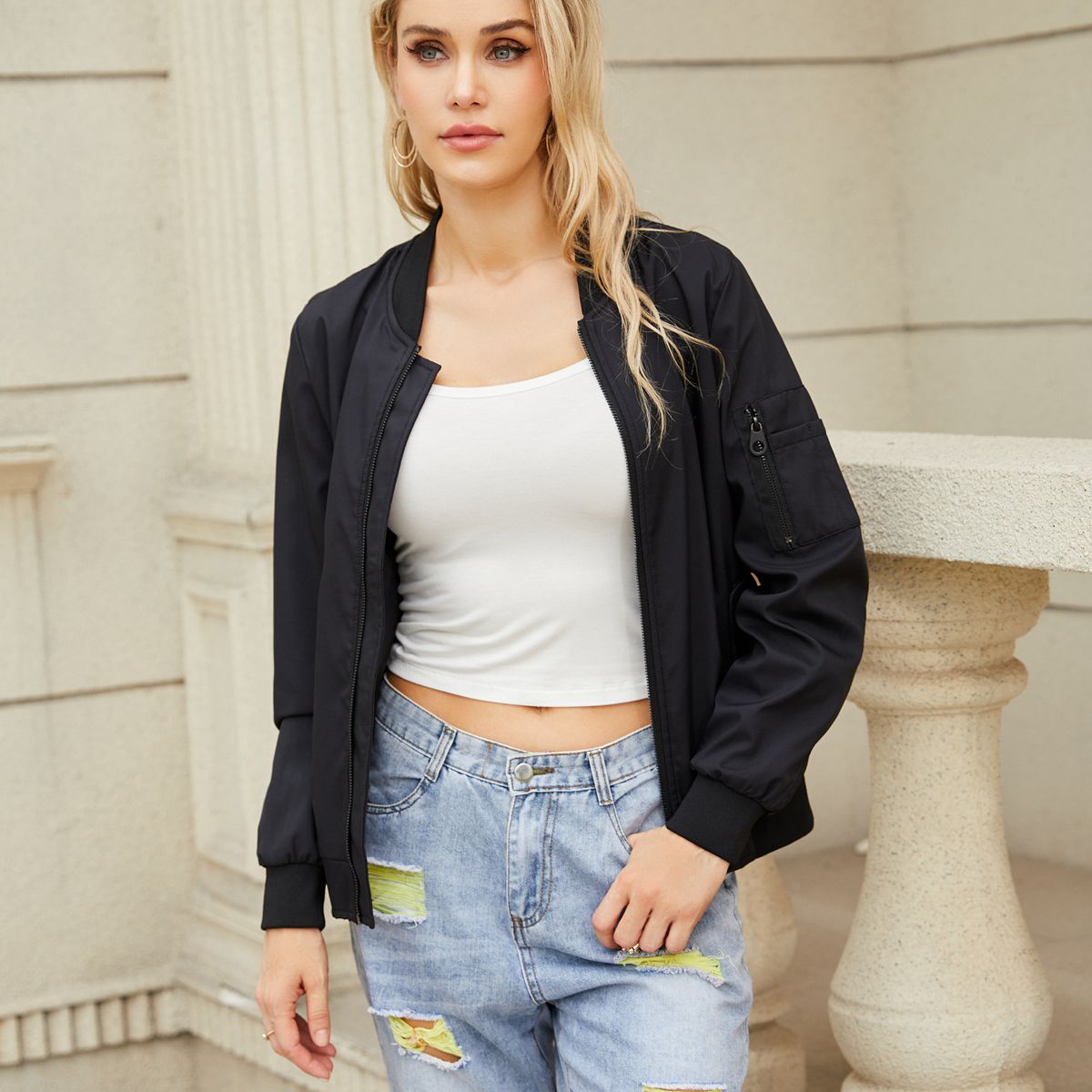 TIOZONEY - Chaqueta de manga larga con cierre para mujer - Negro