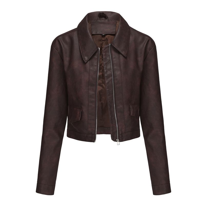 TIOZONEY - Chaqueta de piel con cremallera para mujer-Marrón