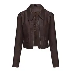TIOZONEY - Chaqueta de piel con cremallera para mujer-Marrón