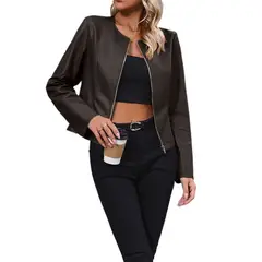 TIOZONEY - Chaqueta de cuero de manga larga y cuello redondo