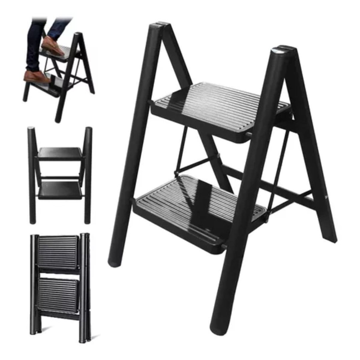 GENERICO - Escalera Plegable Ligera Acero 2 Escalones Capacidad 150kg Negro