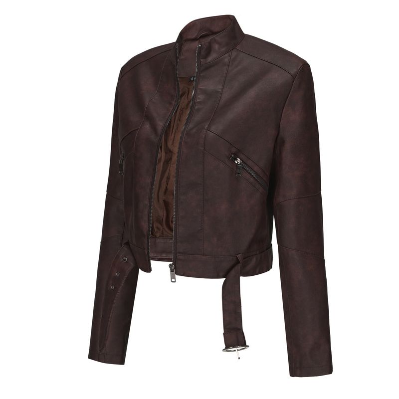 TIOZONEY - Chaqueta de piel con cremallera para mujer-Marrón