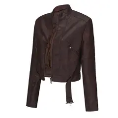 TIOZONEY - Chaqueta de piel con cremallera para mujer-Marrón